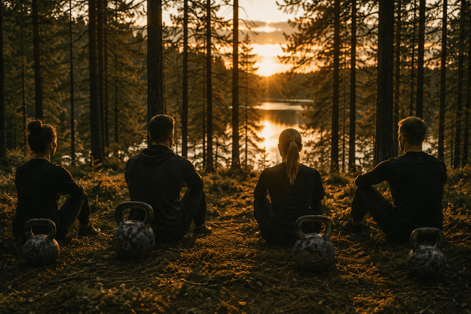 Treeninggrupp järve ääres looduses